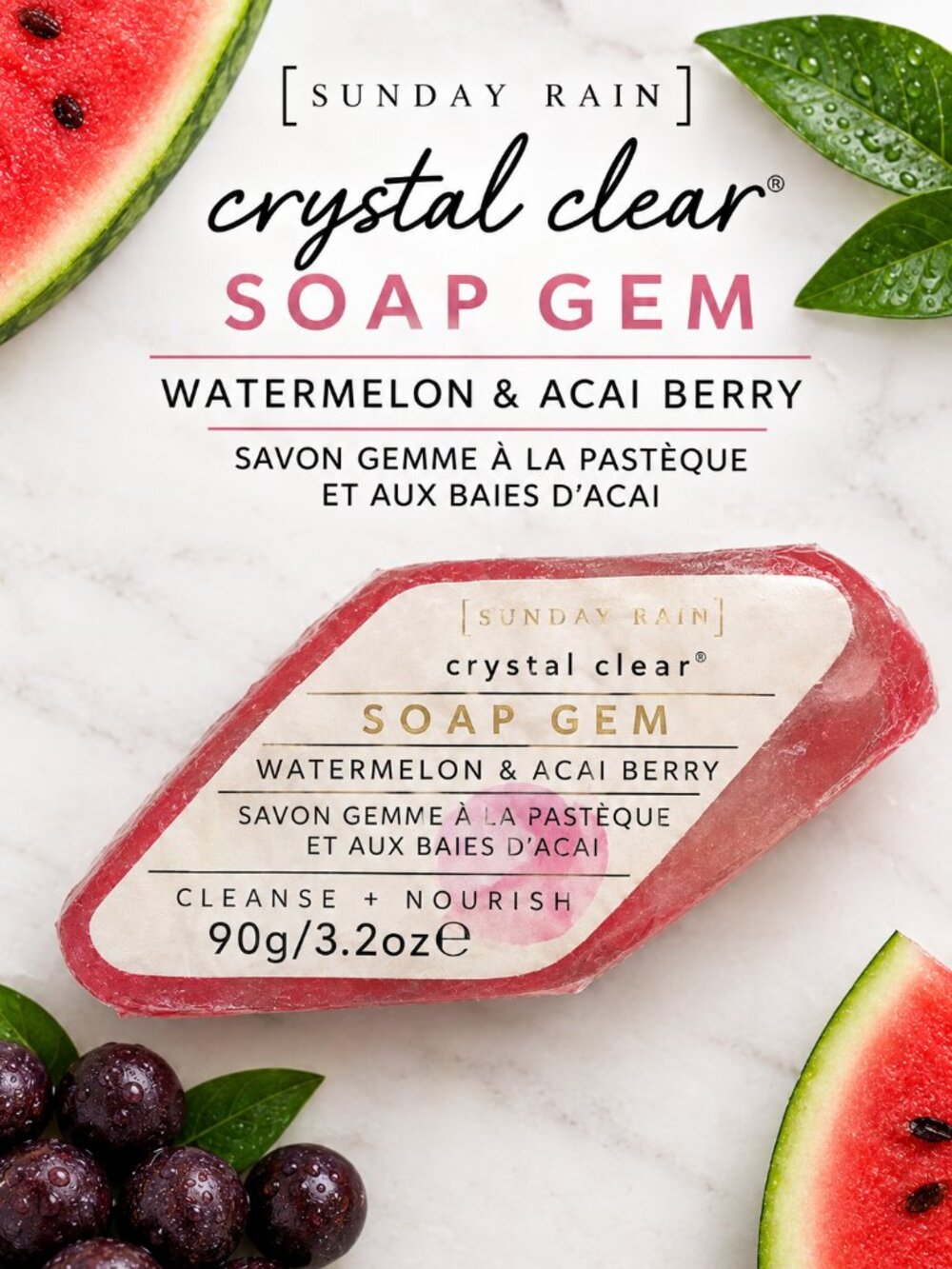 Sunday Rain Crystal Clear Soap Gem Watermelon & Acai Berry 3.2 oz